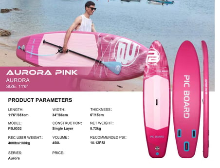  AURORA PİNK SUP 350 cm uzunluk X 86 cm genişlik X 15 cm Şişme Paddle Board Full Set