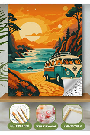 Sayılarla Boyama Seti 40x50 Cm (Çıtalı) Fırça Boya Dahil Numaralı Tuval Mavi Araba Nostalji