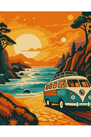 Sayılarla Boyama Seti 40x50 Cm (Çıtalı) Fırça Boya Dahil Numaralı Tuval Mavi Araba Nostalji