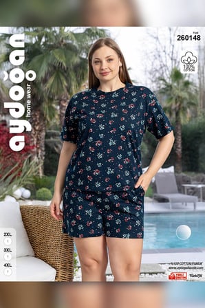 Aydoğan Kadın Lara Büyük Beden Şortlu Cotton Lacivert Pijama Takım 0156