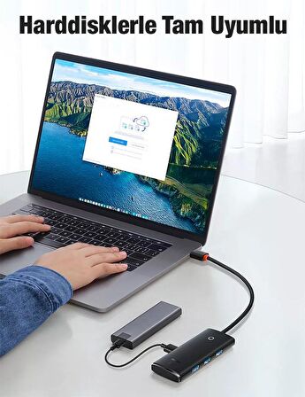 Baseus 0.25CM  5Gbps Veri Aktarım 4 Portlu Type-C to USB 3.0 Dönüştürücü Çevirici Hub Tak Çalıştır 