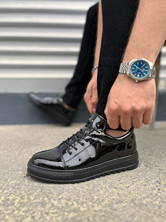 JY152 Cool Bağcıklı Rugan Erkek Günlük Spor Klasik Ayakkabı RST - Siyah