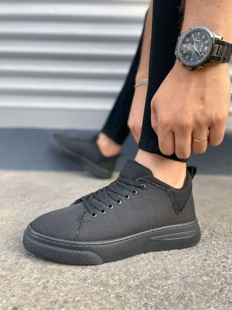 JY204 Flex Bağcıklı Keten Kumaş Erkek Günlük Sneaker Ayakkabı KST - Siyah