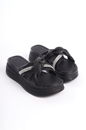 CLARA Düz Topuklu Kurdele Desenli Taşlı Kalın ve Ortopedik Taban Kadın Terlik  CST - Siyah