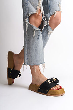 DILA Kalın ve Ortopedik Taban Ayıcıklı Saten Kadın Terlik  SKT - Siyah