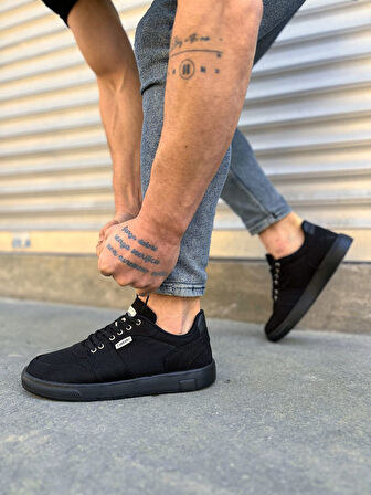 JY0118 REX Bağcıklı Keten Kumaş Erkek Günlük Sneaker Ayakkabı KST - Siyah