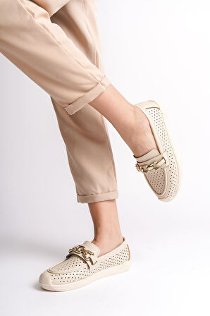 LAYLA Bağcıksız Ortopedik Rahat Taban Kalp Desenli Kadın Babet Ayakkabı CKT - Ten