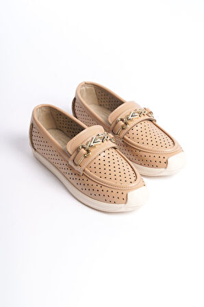 LILY Bağcıksız Ortopedik Rahat Taban Kalp Desenli Kadın Babet Ayakkabı CKT - Ten