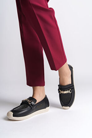 LILY Bağcıksız Ortopedik Rahat Taban Çiçek Desenli Kadın Babet Ayakkabı  CKT - Siyah