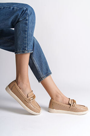 LIZY Bağcıksız Ortopedik Rahat Taban Kalp Desenli Kadın Babet Ayakkabı  CKT - Ten