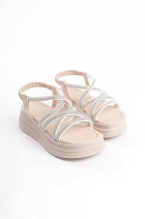 ELENA Lastikli Taşlı Şeritli Ortopedik Taban Kadın Sandalet  CKT - Krem