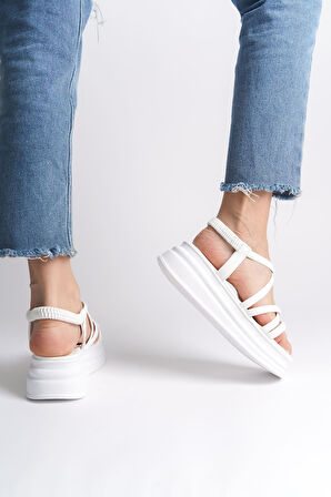 BELLA Lastikli Şerit Detaylı Ortopedik Taban Kadın Sandalet CBT - Beyaz