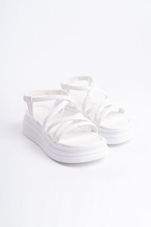 BELLA Lastikli Şerit Detaylı Ortopedik Taban Kadın Sandalet CBT - Beyaz