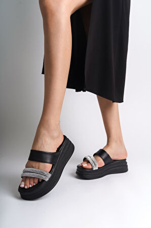 SARAH Düz Topuklu Taşlı Şeritli Kalın ve Ortopedik Taban Kadın Terlik CST - Siyah