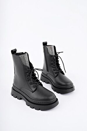 Siyah Fermuarlı Bağcıklı Lüks Kız Çocuk Botu