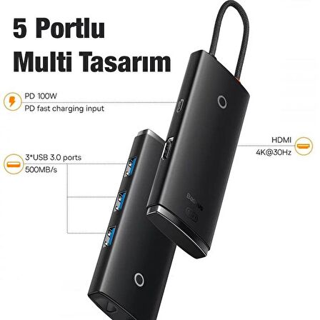 Baseus 20CM 100W 5 Port Type-C Dönüştürücü Çevirici HUB 500 MB/sn Veri Aktarım 4K HDMİ Tak Çalıştır