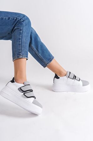 VALENCİA Bağcıksız Cırt Cırtlı Ortopedik Taban Kadın Sneaker Ayakkabı BT Beyaz/Gri