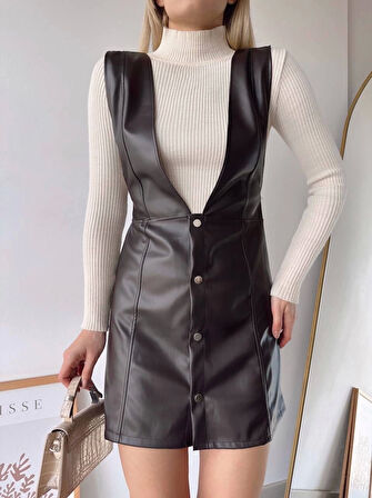 Deri jile elbise kahve w24796