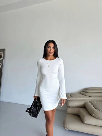 Prenses kol esnek kumaş elbise beyaz f2334