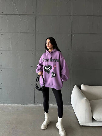 3 iplik şardonlu oversize  true baskılı sweat mor