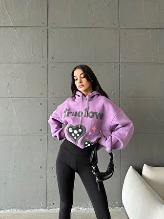 3 iplik şardonlu oversize  true baskılı sweat mor