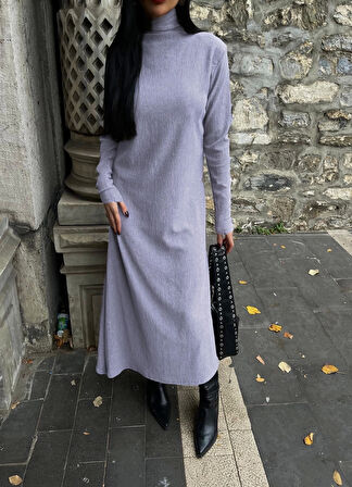 Boğazlı kalın bürümcük uzun elbise gri