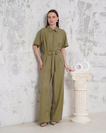 Kuşaklı gömlek yaka salaş tulum haki s255822