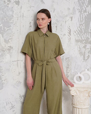 Kuşaklı gömlek yaka salaş tulum haki s255822