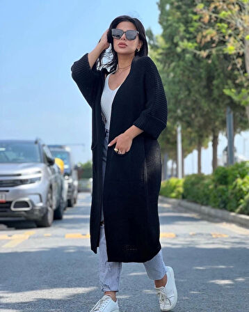 Yarasa kol uzun triko hırka siyah