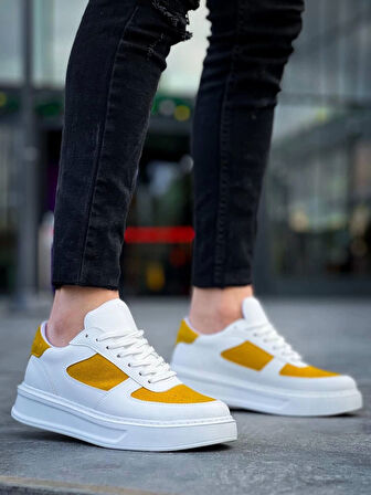 KB-X8 Kuback Beyaz Cilt Sarı Süet Detaylı Beyaz Yüksek Taban Günlük Spor Ayakkabı