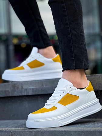 KB-X8 Kuback Beyaz Cilt Sarı Süet Detaylı Beyaz Yüksek Taban Günlük Spor Ayakkabı