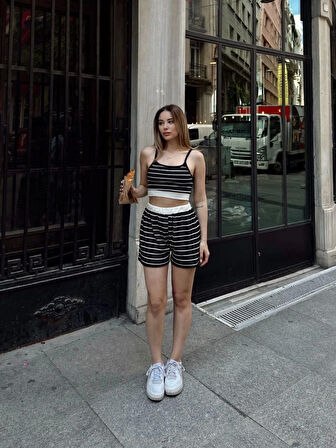 Çizgili şortlu takım siyah s3978