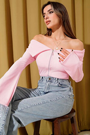 Omzu Açık Fermuarlı Bluz pembe T4330
