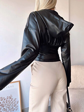 Kapşonlu yarım fermuarlı ceket siyah h24116