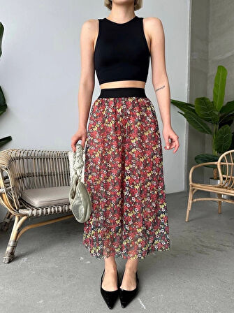 Baskılı astarlı uzun etek