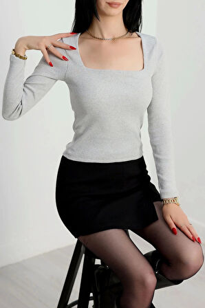 Çerçeve yaka kaşkorse bluz gri