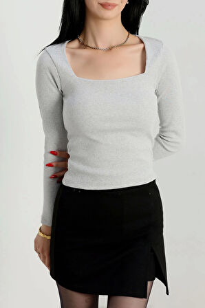Çerçeve yaka kaşkorse bluz gri