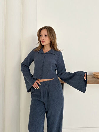Gömlek yaka kaplama düğmeli takım lacivert st265866