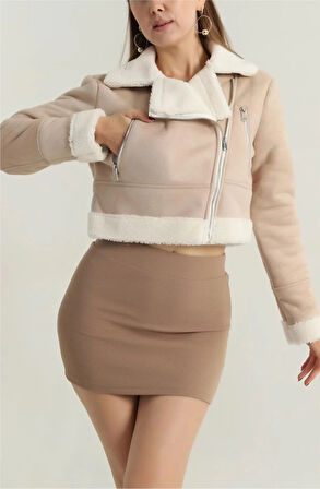 İçi kürklü dışı süet kısa kaban bej t1186