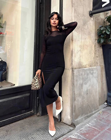 Kadın tül detaylı midi boy yırtmaçlı elbise