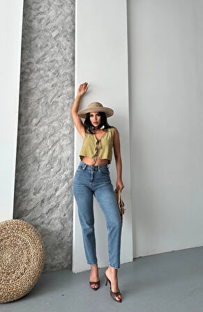 Mom fit bıyık kar yıkama jeans pantolon koyu mavi d2006
