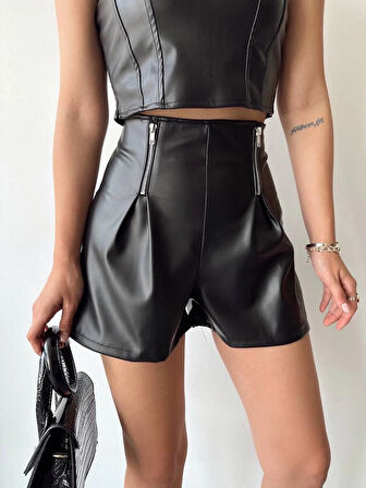 Çift fermuarlı deri şort h24394