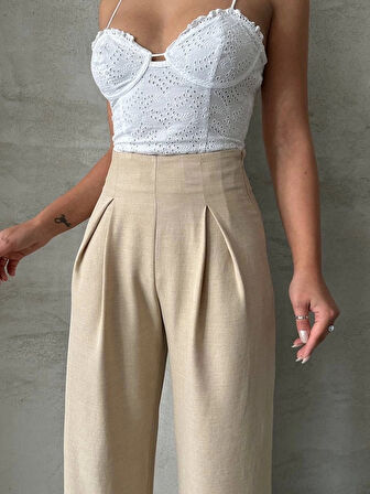 Pileli keten pantolon s255046