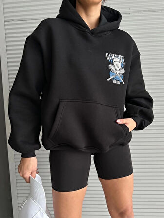 3 iplik şardonlu oversize kafa baskılı sweat siyah