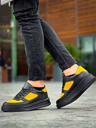 KB-X8 Kuback Siyah Sarı Cilt Yüksek Taban Günlük Spor Ayakkabı