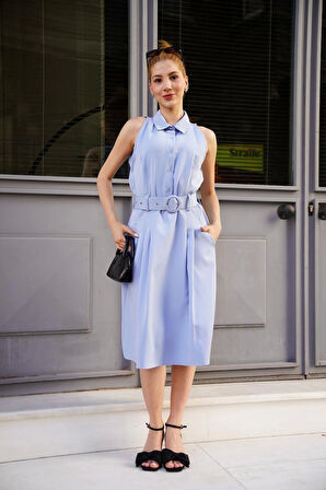 Gömlek yaka kemerli elbise mavi s255061