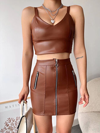 Üç fermuarlı deri etek kahve s24510