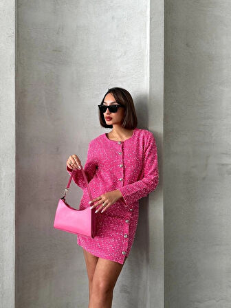 Ceketli etek takım chl kumaş fuşya h24443