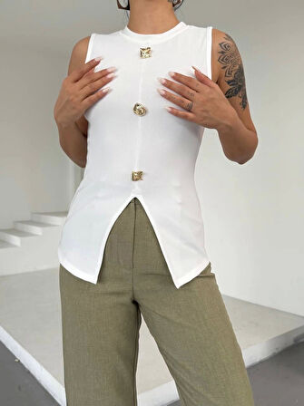 Kadın beyaz bisiklet yaka gold düğmeli ottoman bluz s2310