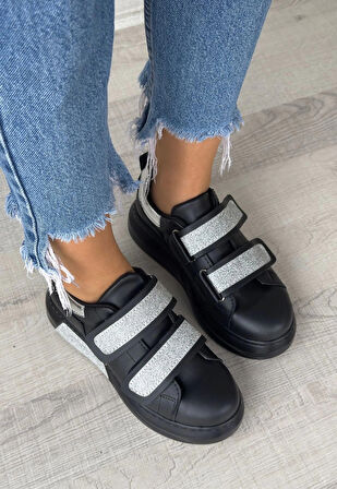 Nino Siyah Cilt Simli Cırt Cırtlı Spor Ayakkabı